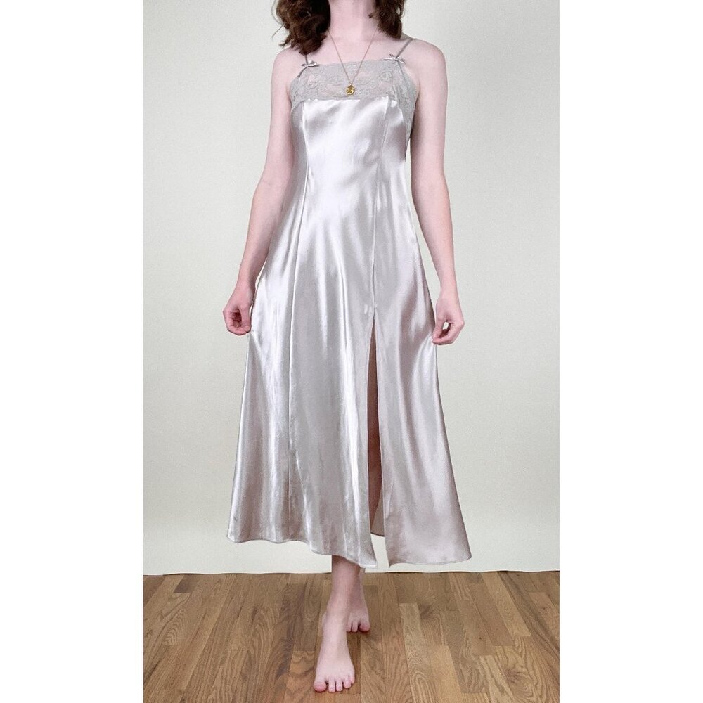 Vintage Platinum Moon Silver Slip Dress Midi Maxi Lace Sexy Chemise Lingerie 90s